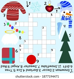 Educational crossword for kids stock vector illustration. Funny winter season word game for children. Christmas cartoon puzzle with answer below. Colorful square worksheet for school children pastime