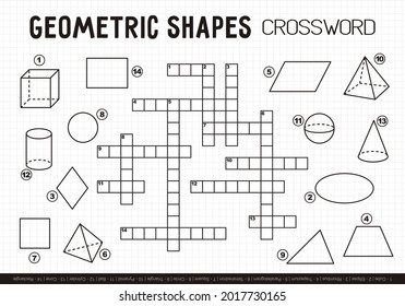 Educational Crossword with various geometric shapes and figures. Game for children's leisure. Vector illustration for school textbooks, educational projects, maths banners and posters.