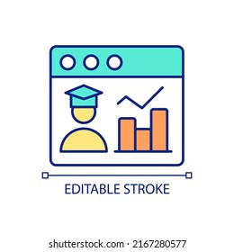 Icono de color RGB de datos educativos. Evaluación de estudiantes. Estadísticas de educación. Recopilación y análisis de datos. Ilustración vectorial aislada. Dibujo de línea simple relleno. Trazo editable. Tipo de letra arial utilizado