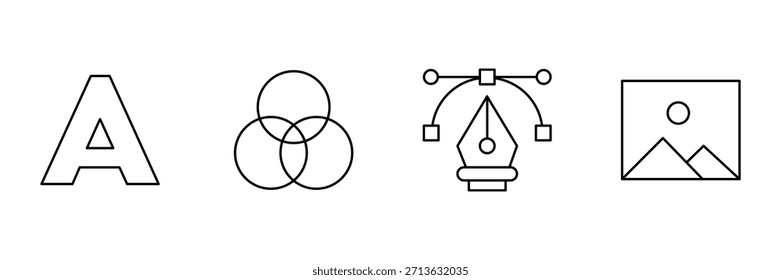 Conjunto de iconos de diseño educativo, letra a en negrita, círculos de diagrama de Venn, herramienta de pluma Bezier, Ilustración vectorial de contorno de marco de Imagen horizontal.