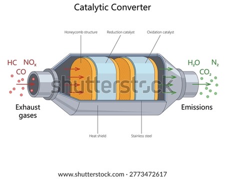 Educational diagram showing how a catalytic converter changes harmful exhaust gases into cleaner vehicle emissions through catalyst sections diagram hand drawn schematic vector. Science illustration