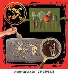 Educational dinosaur fossil excavation scene with archaeology tools brushes magnifying glass and stone slab Perfect for kids books learning materials museum displays and prehistoric themed designs