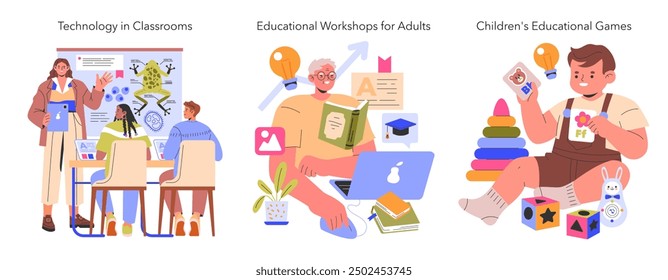 Educational Diversity set. Inclusive digital learning, adult retraining, and childhood development. Classroom technology, knowledge workshops, playful learning. Vector illustration.