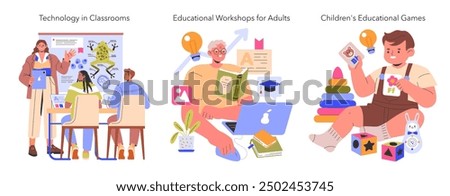Educational Diversity set. Inclusive digital learning, adult retraining, and childhood development. Classroom technology, knowledge workshops, playful learning. Vector illustration.
