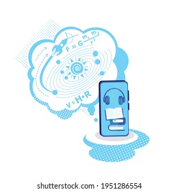 Educational e book flat concept vector illustration. Distant studying with audiobook. Physics class. Class on mobile phone. Smartphone 2D cartoon object for web design. E learning creative idea