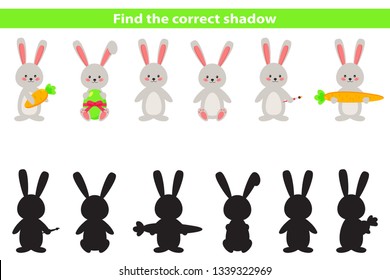 Educational Easter game for preschool kids. Find the right shadow. Vector kawaii rabbits.