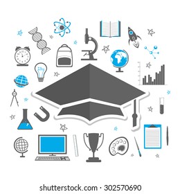 Educational elements, objects, items and graduate cap on white background.