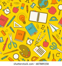 Educational elements seamless pattern with school supplies in doodle style on yellow background vector illustration