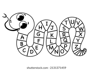 Educational English Alphabet  Vector illustration Fitted on a Snake Cartoon Character. Black and White.