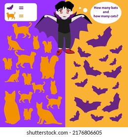 Educational entertaining game for kids count how many. Count the bats and cats. A boy in a vampire costume. Vector graphics.