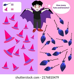 Educational Entertaining Game For Kids Count How Many. Count Hats And Brooms. A Boy In A Vampire Costume. Vector Graphics.