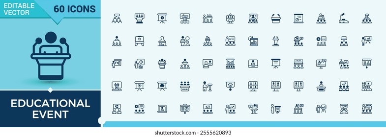 Educational Event icons. Contains related to business, seminar, presentation, teamwork, teacher, discussion, class and more. Simple web icons. Editable vector outline and solid icons.