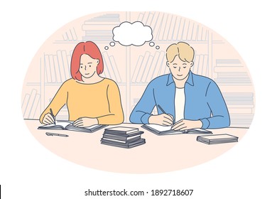 Educational Exam, Learning, College Concept. Young Smiling Boy And Girl Sitting T Desk And Writing Or Preparing For Exam Together In Classroom Vector Illustration 