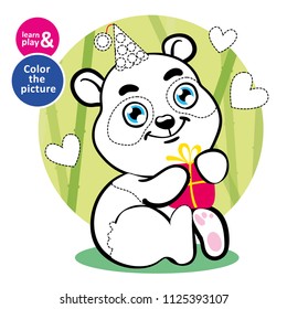 Educational exercise for children. Paint panda with colored pencils. Learn and play at same time. Use as illustration for childrens coloring tasks in kindergarten. Vector illustration. Hand drawn pic