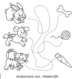 Educational exercise and coloring book for children, rabbit, dog and cat
