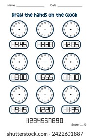 Educational exercises for children. What time is it? Worksheets. Draw the hands on the clock