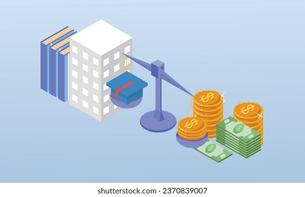 Gastos educativos.sobre fondo azul.Diseño 3D.Diseño vectorial isométrico Ilustración.
