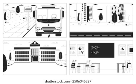 Educational facility in city black and white line illustrations set. Bus stop, math classroom 2D cityscapes, interior monochrome backgrounds. Back to school outline vector images collection