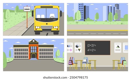 Educational facility in city cartoon flat illustrations set. Bus stop, math classroom 2D cityscapes, interior colorful backgrounds. Back to school scenes vector storytelling images collection