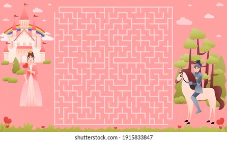 Educational fairy tale labyrinth for kids with knight, help to find way to princess, printable drawing maze for worksheets or children books, royal family characters, romantic adventure storytelling