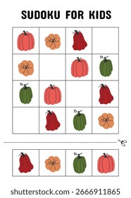 Actividad educativa de otoño para niños con sudoku de calabaza . Hoja de trabajo de Sudoku vegetal lindo para preescolar y jardín de infantes