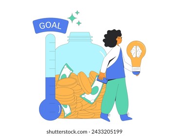 Educational finance goal. Savings for learning. Fundraising concept. Young woman with idea bulb, thermometer and moneybox. Donation event. Crowdfunding metaphor. Vector flat illustration.