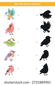 Educational find the correct shadow activity with colourful birds and matching black silhouettes. Fun holiday worksheet for kids, preschool learning and printable materials.