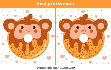 Educational find five differences puzzle for kids with cute animal donut - monkey sweets in cartoon style