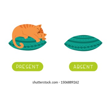 Educational flash card with antonyms vector template. Word card for english language learning. Opposites, present and absent. Cat sleeping on pillow and cushion flat illustration with typography