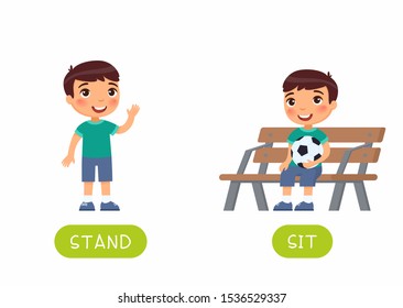 Educational flash card with little child template. Word card for english language learning with opposites. Antonyms concept, stand and sit. Happy boy flat vector illustration with typography