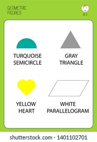 educational flash cards for children. Geometric shapes and colors. Semicircle, triangle, heart, parallelogram. For home schooling, kindergartens, children's centers