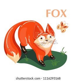 Educational flashcard fox and flying butterfly