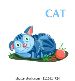 Educational flashcard kitten resting after a game with a ball of threads