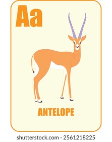 Educational flashcard with letter A, antelope illustration, and text, perfect for kids learning alphabet.