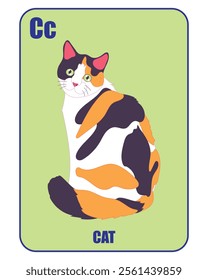 Educational flashcard with letter C, cat illustration, and text, perfect for kids learning the alphabet.