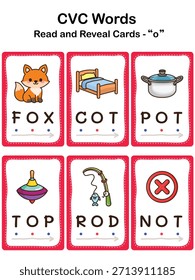 Educational flashcards designed to help young learners practice CVC words and phonics skills. Each flashcard features a simple illustration and a vocabulary word, supporting early reading, pronunciation, and letter sound recognition. Suitable for preschool, kindergarten, and early elementary education.