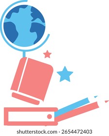 Design plano educacional do globo com livros e área de transferência, simbolizando o aprendizado escolar e o conhecimento de geografia em estilo moderno colorido.