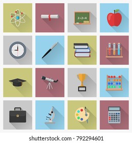 Educational flat icons with long shadows. File is in eps10 format.