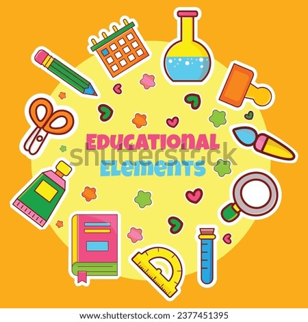 Educational flat icons. School elements icons sticker collection.  School stationary sticker collection. Educational accessories vector illustration. 