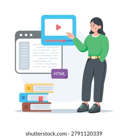 Educational flat illustration of html coding tutorial and web training