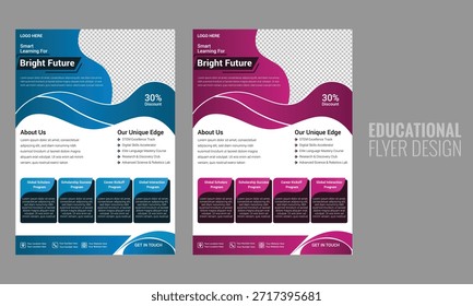 Conjunto de Plantilla de diseño de volante educativo con Formas orgánicas, 4 características clave y colores degradados azul y rojo