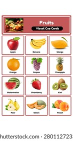 Educational fruit visual cue cards for kids. Features vector illustrations of apple, banana, mango, orange, grapes, pineapple, watermelon, strawberry, kiwi, pear, melon, and peach. Perfect for kindergarten learning and vocabulary building.