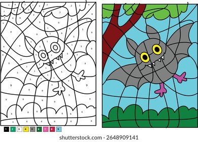 Educational and Fun Bat Color by Number Atividade para Crianças, Apresentando um Contorno Imprimível com Números Correspondentes e a Imagem Final de Cor Brilhante, Ideal para Aprender e Brincar.