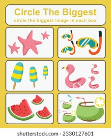 Educational fun worksheet game for children. Circle the biggest object in each box. Printable activity page for kids. Vector file. 