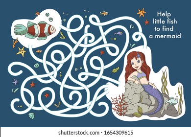 Educational funny game for children. Labyrinth puzzle for kid. Print and play. Cartoon vector illustration. Sea mermaid girl, underwater summer art.