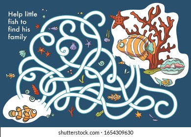 Educational funny game for children. Labyrinth puzzle for kid. Print and play. Cartoon vector illustration. Sea fish, underwater summer art.