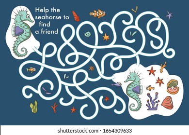 Juego educativo divertido para los niños. El rompecabezas del laberinto para niños. Imprimir y reproducir. Dibujo vectorial del caballito de mar de caricatura. Caballo marino, arte de verano subacuático.