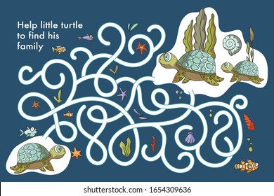 Educational funny game for children. Labyrinth puzzle for kid. Print and play. Cartoon vector illustration. Sea turtle underwater summer art.