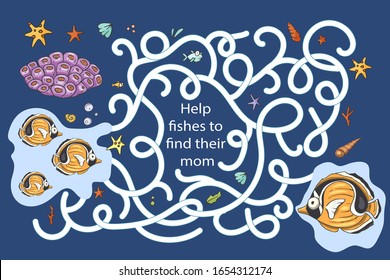 Educational funny game for children. Labyrinth puzzle for kid. Print and play. Cartoon vector illustration. Sea fish underwater summer art.