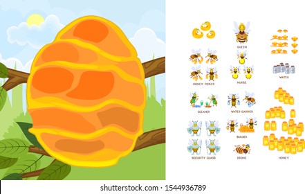 Educational game: assembling internal structure of beehive and honey bee family from ready-made components in form of stickers